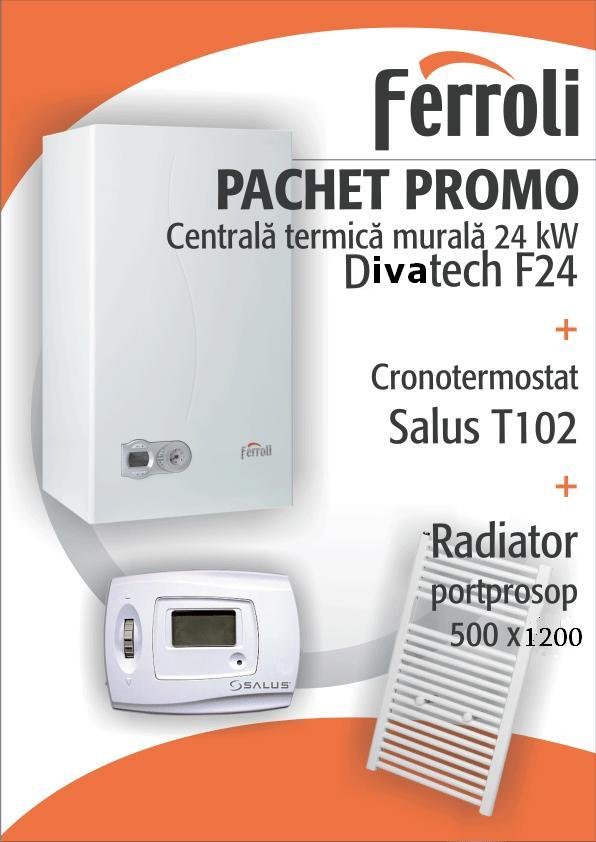 CENTRALA TERMICA MURALA FERROLI DIVATECH F24 + TERMOSTAT SALUS T102 + RADIATOR PORTPROSOP